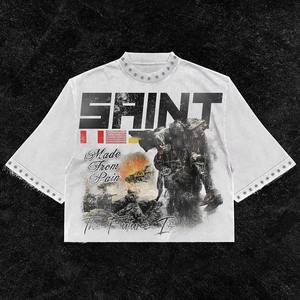 Oversized <b>White</b> Crop T-Shirt With Photo Print Design Street Style Short Sleeve Men's Jersey Cotton O-Neck Graphic Tee - Product Image 3