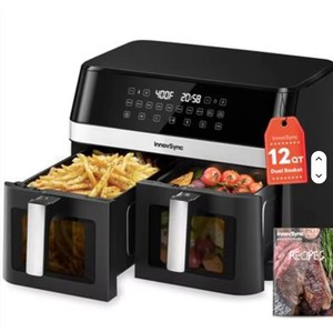 Friteuse à air double en acier inoxydable 12QT - 10-en-1, 2 paniers, écran tactile, antiadhésive, noire, contrôlée par application, classe d'efficacité énergétique A+ - Product Image 1
