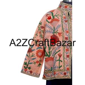 Women's Handmade Knitted Floral Suzani Embroidery Ruffles Cotton V-neck Short Bomber Jacket Vintage Boho Winter Wear Wholesale - Product Image 2