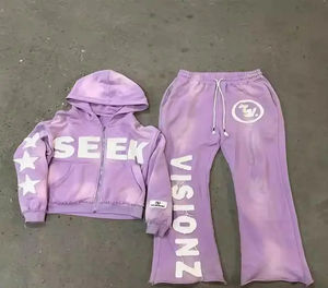 OEM Custom Distressed Embroidery Patch Men's Acid Washed Tracksuit <b>Cropped</b> <b>Zip</b> <b>up</b> <b>Hoodie</b> and Sweatpants Set for Winter - Product Image 5