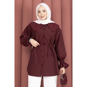 Tunique en popeline bordeaux pour femmes, chic, col brodé à volants et taille à cordon, tailles XS-XL, pour les fêtes - Product Image 2