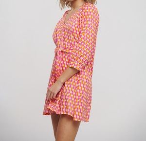 Short V-neck Paisley Bohemian <b>Dress</b> with Half Sleeve & Belt 100% Cotton Woven T-Shirt Style Blouse - Product Image 3