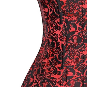 OEM/ODM <b>Underbust</b> Steelboned Waist Training Extreme Curvy Fashion and Fitness Wear Red Brocade Floral Corset With Black Trim - Product Image 5