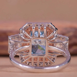 6ct Lab Grown Diamond Fancy Blue Radiant Trapezoid Three Stone Double Halo VS Clarity <b>Rhodium</b> Plated Luxury Wedding <b>Ring</b> 14K - Product Image 2