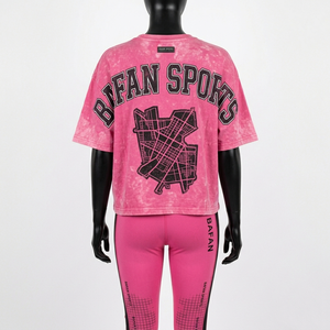 เสื้อยืดผ้าฝ้ายโพลีเอสเตอร์ระบายอากาศได้ดี 200 GSM สำหรับผู้หญิง กางเกงเลกกิ้ง 260 GSM สีชมพูพิมพ์ลายโลโก้แบบย้อมสีเอซิด ชุดเซ็ตสำหรับผู้หญิง - Product Image 5