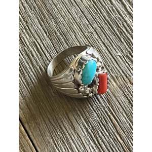 Alvery Smith Men's <b>Statement</b> <b>Ring</b> Turquoise & Coral Bezel Set Size 10.5 Everyday Wear Sterling <b>Silver</b> Gemstone <b>Ring</b> - Product Image 3