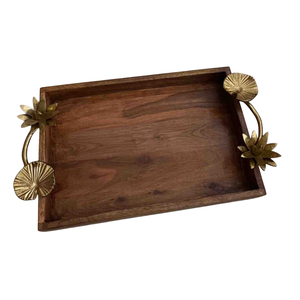 Plateau rectangulaire en bois de manguier personnalisable et exclusif Plateau de service au design de broche de lotus pour bol de restauration Fournisseurs de gros - Product Image 1
