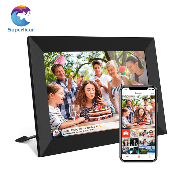 Superlieur 10-Inch WiFi Wireless Digital Photo Frame HD IPS Touch Screen Acrylic 32G Storage APP Sharing 3-Button Control
