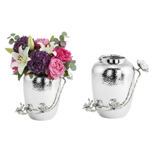 Vase à fleurs artisanal en métal argenté martelé, orchidée blanche, taille moyenne, pour une décoration intérieure élégante, prix raisonnable - Product Image 1