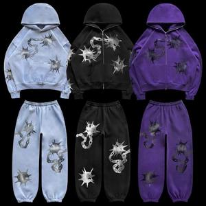 Unisex Custom Y2K Streetwear <b>Hoodie</b> Sweatpants Set 100% Cotton Lightweight Hooded Collar with Rhinestone Detail Seamless Pattern - Product Image 3