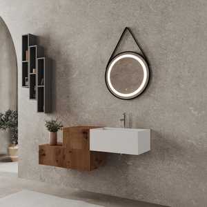140 cm Composition Bathroom <b>Set</b> with 3 Gold Oak Drawers and Round <b>Mirror</b> Featuring Rota Strap - Product Image 1