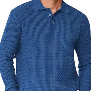 Polo à manches longues bleu royal pour homme, texture gaufrée, chemise décontractée, automne hiver, chaud, logo personnalisé, vente en gros - Product Image 6