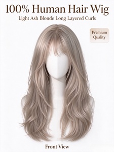 Peluca de Cabello Humano Rubio Ceniza Claro, Larga y con Rizos en Capas, Calidad Premium para Mujeres - Product Image 1