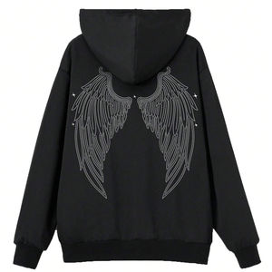 Sweat-shirt à motifs d'ailes coupe ample pour femmes personnalisées de haute qualité avec décor et capuche en strass - Product Image 1