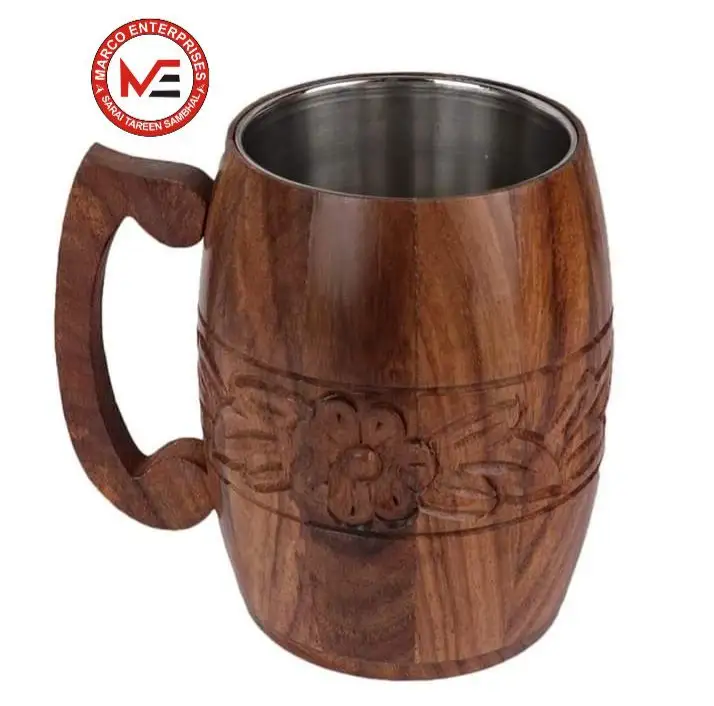 Wooden Round Shape Carved Leaf Design Coffee Tea Mug With Stainless Steel For Home and Office