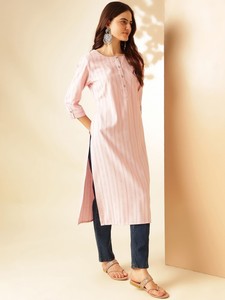 Femmes ethnique rose rayé auto-conception viscose polyester col rond régulier droit Kurta indien pakistanais kameez - Product Image 6