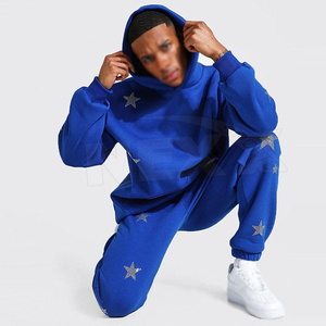 Survêtements en coton 340GSM à coupe ample pour hommes, tenue quotidienne en polaire écologique, pull à épaules tombantes, sweats à capuche en strass, pantalons solides - Product Image 3