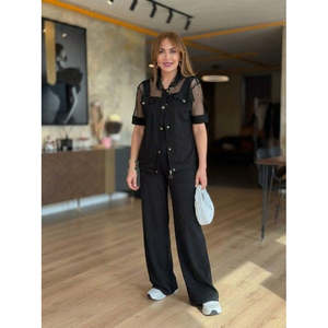 Ensemble deux pièces en modal pour femme, avec col, manches courtes, détails en maille et boutons, veste et pantalon, 37680 - Noir - Product Image 6