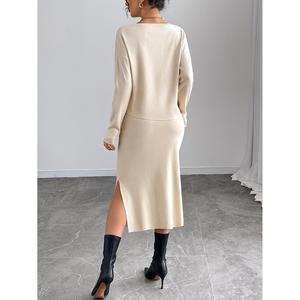 Women's Printed Boatneck Knit <b>Top</b> and Side-Slit Midi Skirt Set - Product Image 3