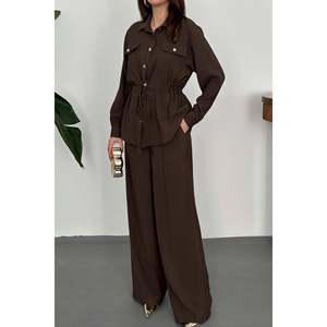 Brown Button Detail Shirt And Ribbed <b>Trousers</b> - Brown - Product Image 4