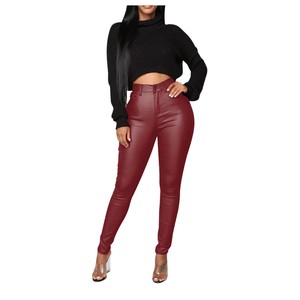 กางเกงหนัง PU ผู้หญิงเอวสูงระบายอากาศได้, กางเกงแฟชั่นลำลอง2025มีกระดุมตกแต่งฤดูใบไม้ร่วงฤดูหนาวสไตล์เซ็กซี่แบน - Product Image 5