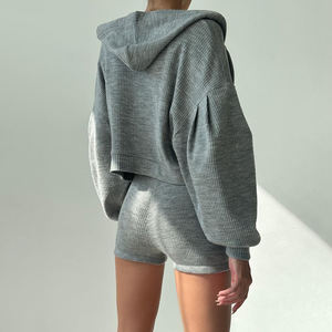Ensemble sweatshirt et short à capuche pour la course ODM, <span class=keywords><strong>gilet</strong></span> de sport tricoté en fil gris, imprimé à fermeture éclair, teint uni - Product Image 2