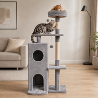 Tour d'escalade pour chat multi-niveaux moderne, écologique et durable, avec griffoir, repose-perchoir en peluche et structure en carton