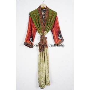 Kimono de Seda Floral Bohemio Vintage para Mujer, Estilo Patchwork de Verano, Cuello en V, Cordón Ajustable, Largo Completo, Ropa de Dormir/Bata - Product Image 6