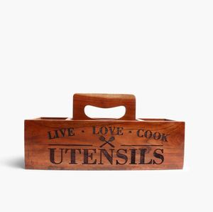 Porte-ustensile en bois à 3 compartiments en gros pour comptoir de cuisine Clip organisateur pour outils de cuisine Pots en forme de cuillère en métal - Product Image 1