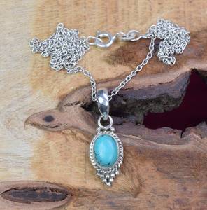 Blue Turquoise Sterling Silver Pendant Necklace Handmade Oval Gemstone Natural Stone Jewelry Gift For Women - Product Image 6