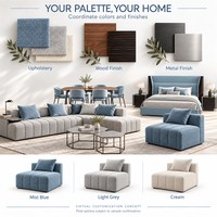 Ensemble de meubles modernes bleus et gris sur mesure pour toute la maison, canapé modulaire, table à manger, chaises et lit rembourré