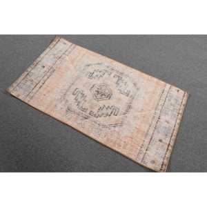 Turkish 2.2x4 ft Rug, Small Vintage Rug, <b>Brown</b> Blue Check <b>Wool</b> Rug - Product Image 2