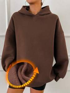 Sweat à capuche surdimensionné doublé polaire femmes épaule tombante coupe ample pull solide marron sweat chaud décontracté hiver Streetwear tenue - Product Image 4