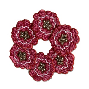 <b>Green</b> Christmas Tree Design Round Beaded White with Brown Outline Handmade <b>Coaster</b> Set of Four Pieces - Product Image 2