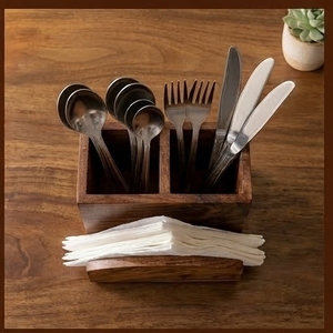 Portautensilios de Madera de Acacia con Porta Servilletas, 2 Compartimentos, Rectangular, Minimalista, Caja de Almacenamiento de Cocina para Vajilla - Product Image 5