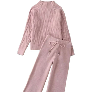 Conjunto de 2 Piezas de Punto para Invierno, Suéter Suave de Cuello Alto, Traje Informal con Pantalones Anchos, Traje Deportivo Cálido y Sólido, Nuevo - Product Image 1