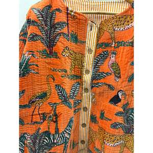 Hand Block-Printed <b>Quilted</b> Cotton <b>Jacket</b> in the Jungle Orange for Summer - Product Image 4