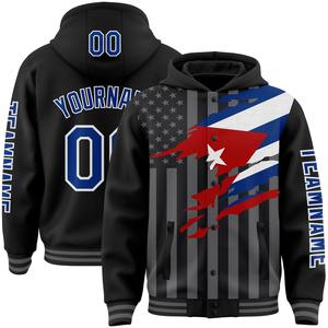Direct Industry Wholesale Casual Winter Custom Black Royal-Gray Cuba Cuban Flag 3D Full-Snap Varsity Letterman <b>Hoodie</b> Jacket - Product Image 1