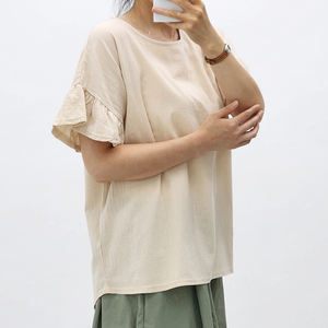 Blusa de Verano para Mujer, de Algodón Tejido, Cuello Redondo, con Mangas con Volantes, Estilo Dulce, Transpirable, Color Liso, Teñido, Venta al Por Mayor OEM - Product Image 3