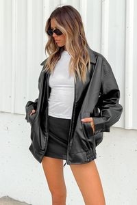 แจ็กเก็ตหนังแกะคุณภาพสูงสำหรับผู้หญิง, เสื้อแจ็กเก็ตหนังแกะทรงโอเวอร์ไซส์พลัสไซส์ Moto 90s พร้อมโลโก้แบบกำหนดเองลายพื้น - Product Image 5