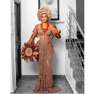 Robe de mariée somalienne luxueuse, respirante, coupe ajustée, élégante, en dentelle imprimée, broderie, soie, coton, polyester, écologique, africaine - Product Image 1