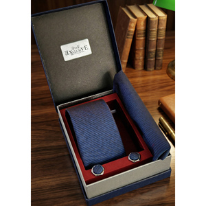 Blue <b>Navy</b> Striped Woven <b>Tie</b> Pocket Square Cufflink Set in Gift PU Leather Box <b>Navy</b> Blue False Collar Accessories - Product Image 1
