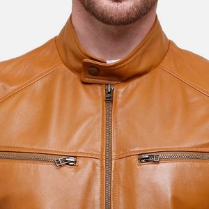 Venta caliente de los hombres Slim Fit Biker chaqueta de cuero logotipo personalizado Stand Collar tela de lona hecha a mano en Pakistán - Product Image 3