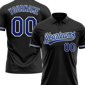 Polo personnalisé noir avec détails bleus, chemise d'équipe personnalisée avec nom et numéro, logo personnalisé, haute qualité - Product Image 2