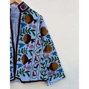 Reversible All-Season Suzani Embroidery Quilted <b>Jacket</b> for Women Cotton-Filled Varsity Style for Autumn and Winter <b>Suede</b> Coat - Product Image 2