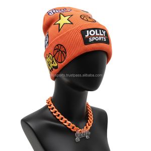 Gorro de Punto para Mujer, 300GSM, Acrílico Suave, Color Naranja, Bordado con Logotipo Personalizado, Correa de Cadena, Gorro de Invierno a la Moda, Gorro Jacquard - Product Image 4