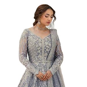 Vestido de Novia Pakistaní Premium Azul Hielo Brillante con Cuerpo Adornado con Cristales Densos e Intrincados - Product Image 1