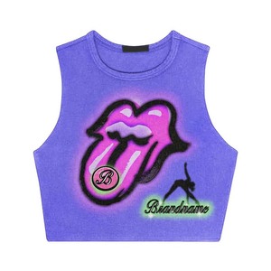 Débardeur court noir en coton 240 GSM délavé à l'acide pour femme, avec logo personnalisé imprimé en relief et paillettes, style streetwear respirant - Product Image 2