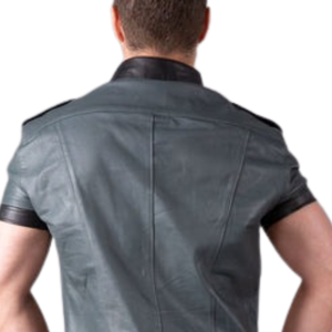 Chemise en cuir coupe classique grise et noire pour homme, haut à manches courtes en similicuir, style fétiche, avec boutons - Product Image 6