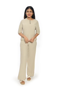 Ensemble coordonné en coton mélangé de qualité supérieure pour femme avec haut court et pantalon en tricot Tenue décontractée deux pièces avec col rond - Product Image 5